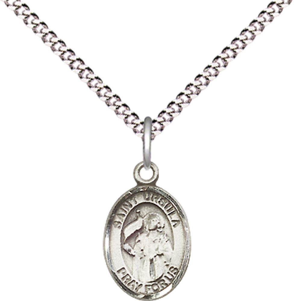 Sterling Silver Saint Ursula Pendant on a 18 inch Light Rhodium Light Curb chain