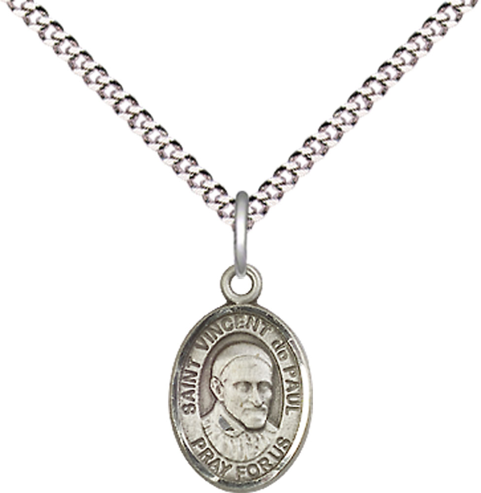 Sterling Silver Saint Vincent de Paul Pendant on a 18 inch Light Rhodium Light Curb chain
