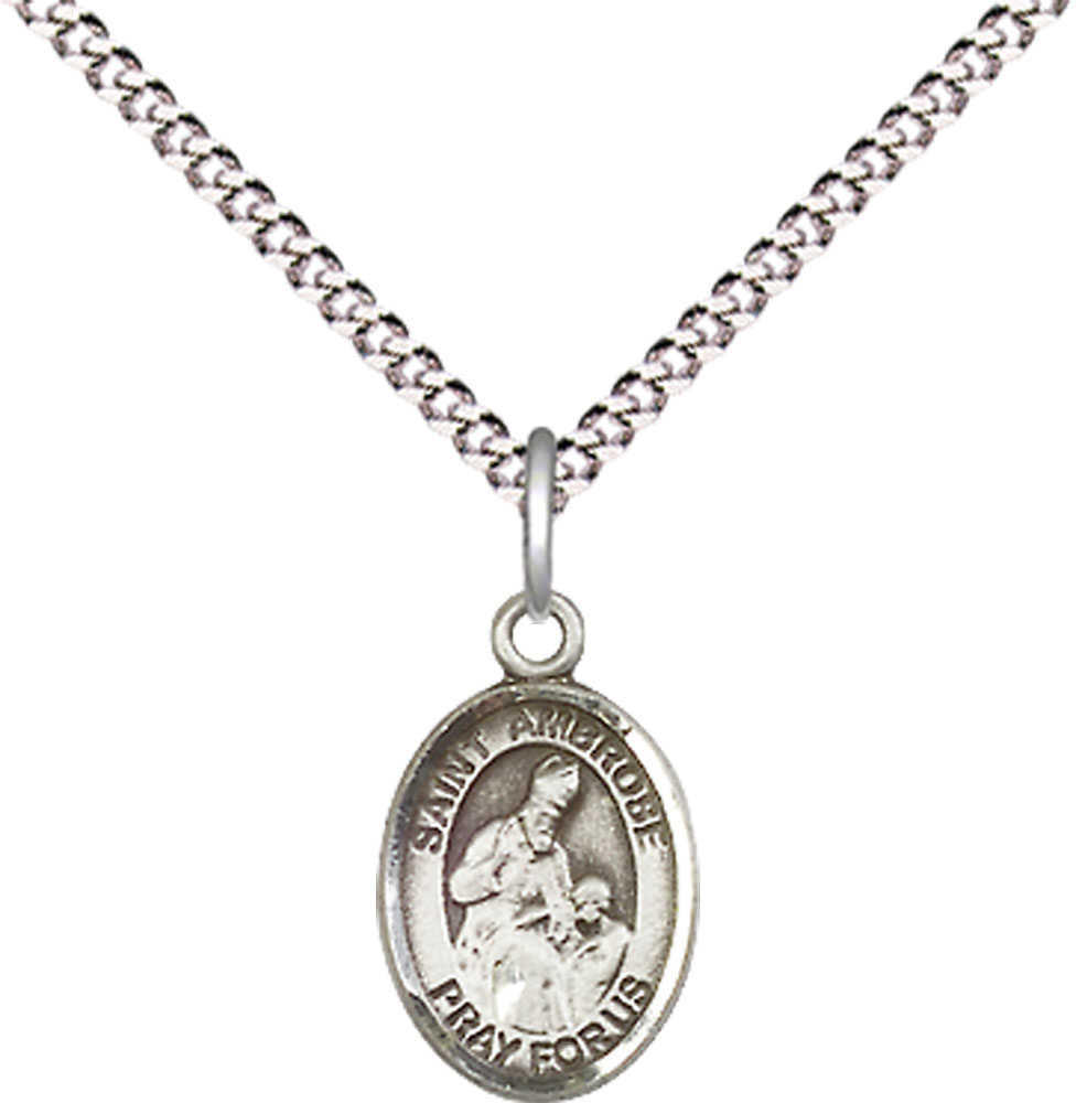 Sterling Silver Saint Ambrose Pendant on a 18 inch Light Rhodium Light Curb chain