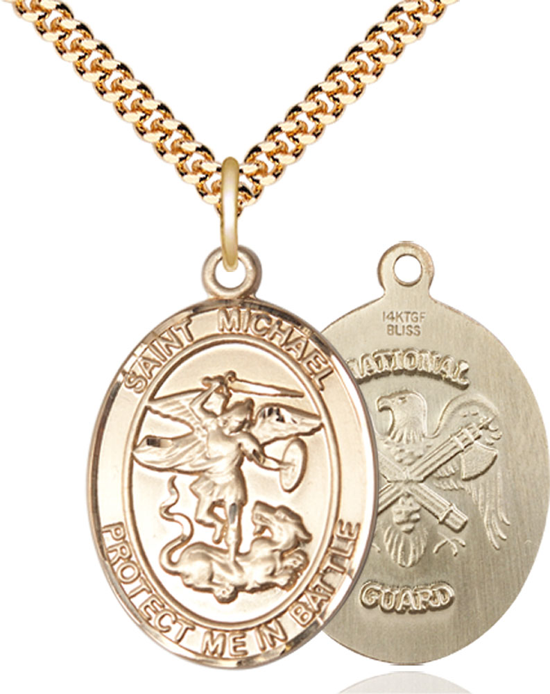 14kt Gold Filled Saint Michael National Guard Pendant on a 24 inch Gold Plate Heavy Curb chain