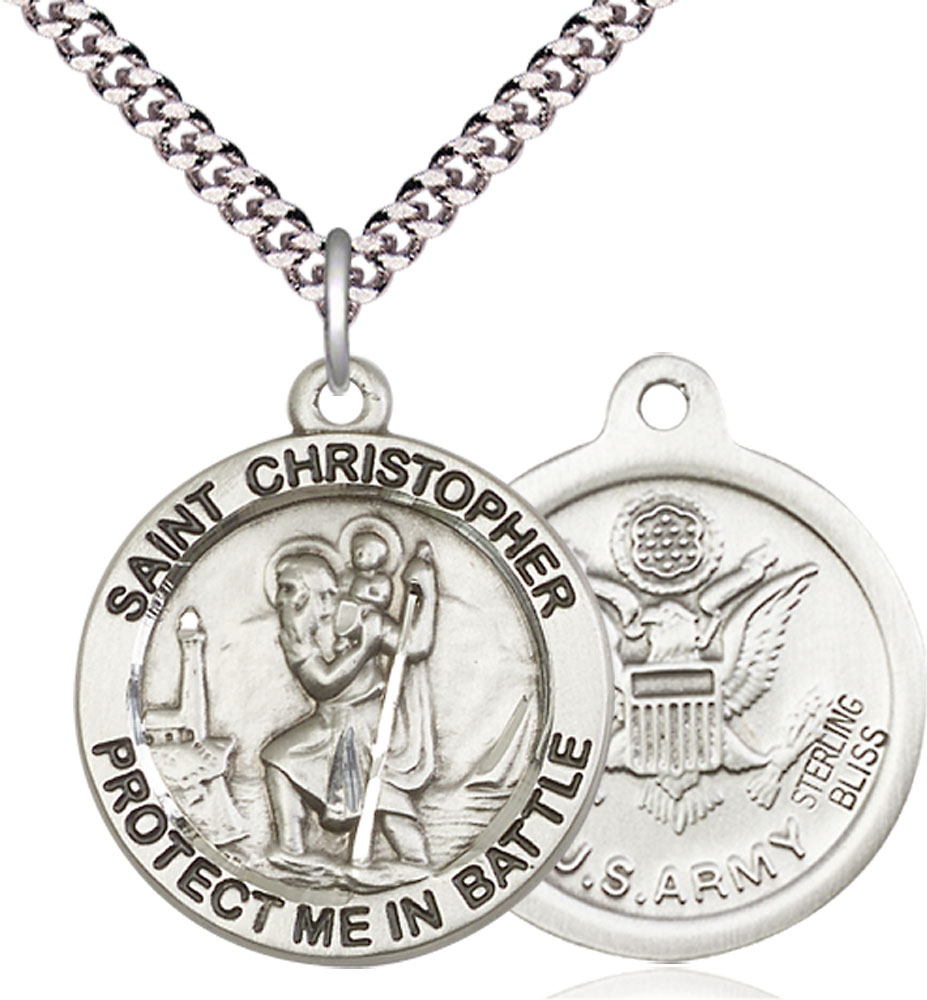 Sterling Silver Saint Christopher Army Pendant on a 24 inch Light Rhodium Heavy Curb chain