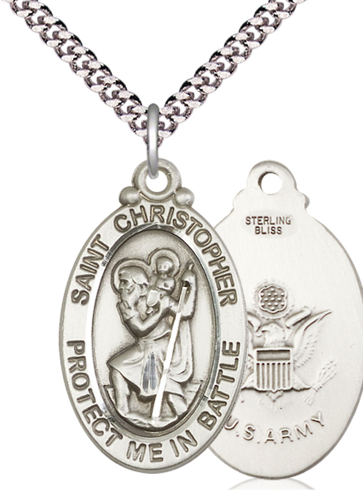 Sterling Silver Saint Christopher Army Pendant on a 24 inch Light Rhodium Heavy Curb chain