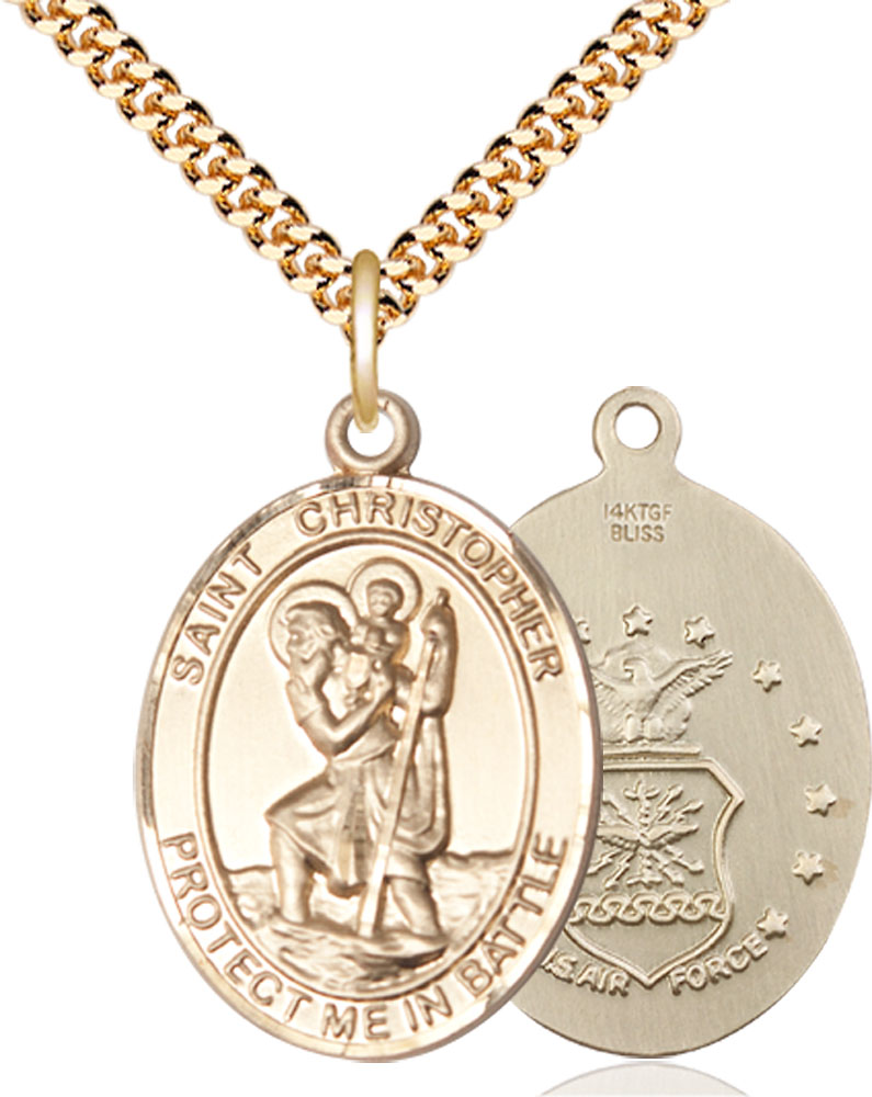 14kt Gold Filled Saint Christopher Air Force Pendant on a 24 inch Gold Plate Heavy Curb chain