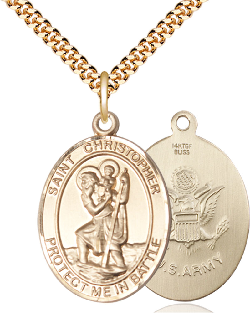 14kt Gold Filled Saint Christopher Army Pendant on a 24 inch Gold Plate Heavy Curb chain