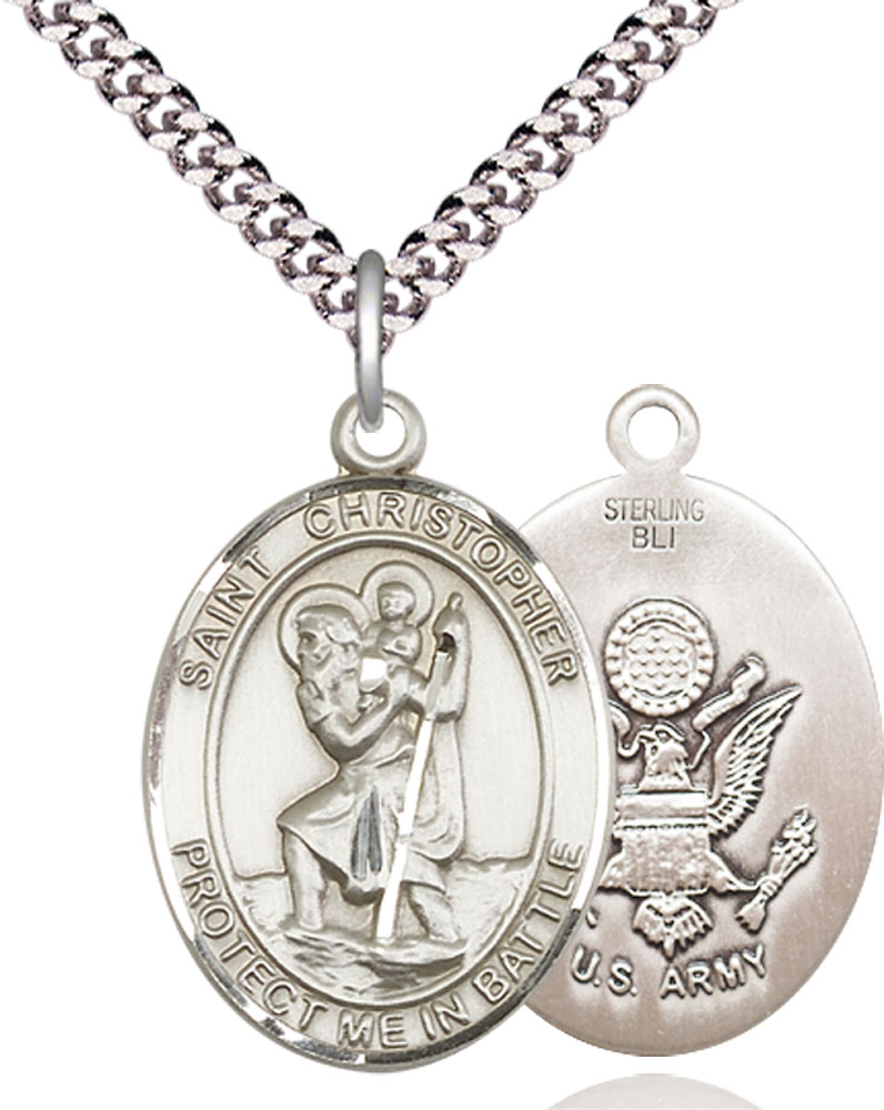 Sterling Silver Saint Christopher Army Pendant on a 24 inch Light Rhodium Heavy Curb chain