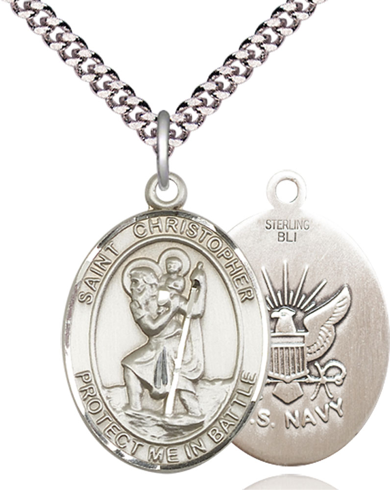 Sterling Silver Saint Christopher Navy Pendant on a 24 inch Light Rhodium Heavy Curb chain