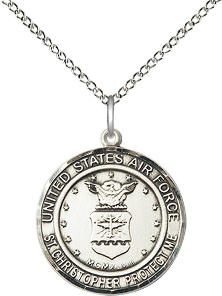 Sterling Silver Air Force St Christopher Pendant on a 18 inch Sterling Silver Light Curb chain
