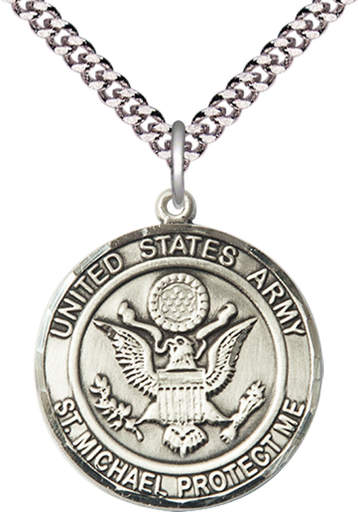 Sterling Silver Army St Michael Pendant on a 24 inch Light Rhodium Heavy Curb chain