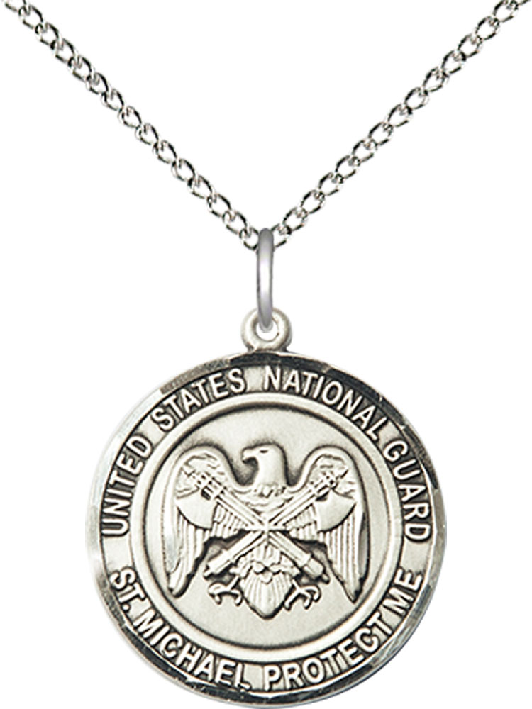 Sterling Silver National Guard St Michael Pendant on a 18 inch Sterling Silver Light Curb chain