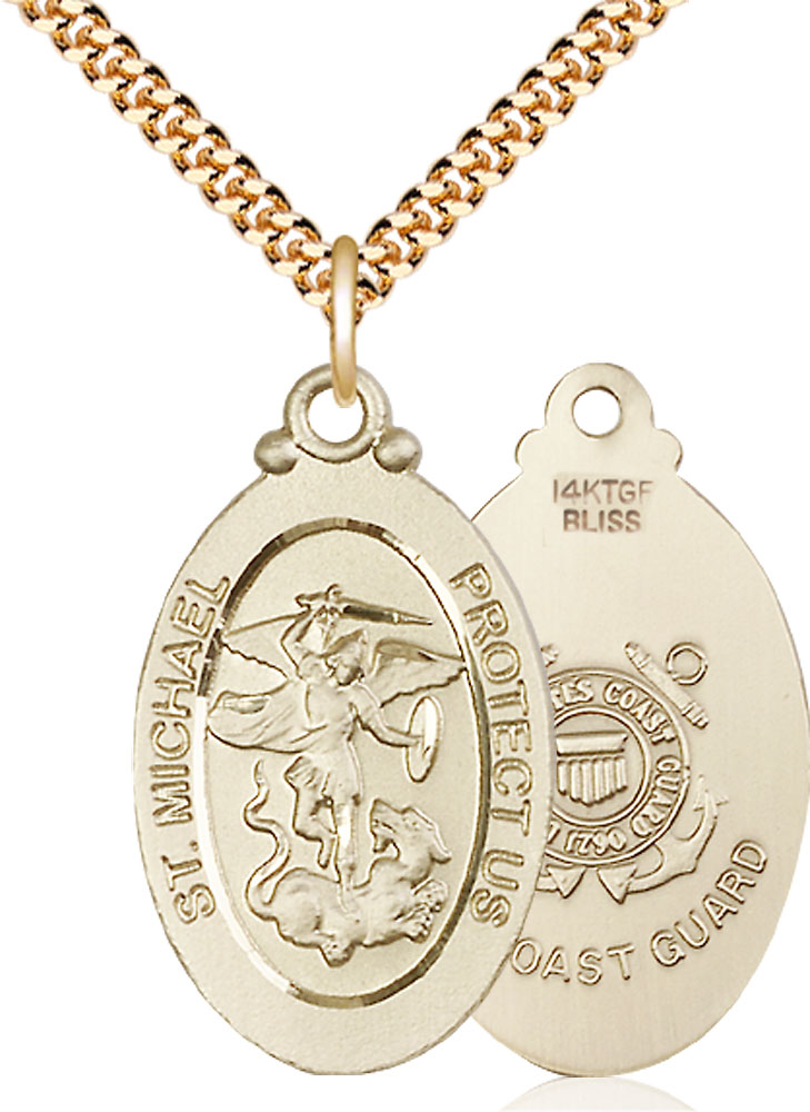 14kt Gold Filled Saint Michael Coast Guard Pendant on a 24 inch Gold Plate Heavy Curb chain