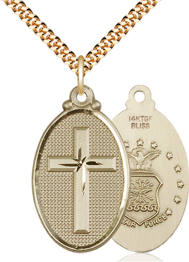 14kt Gold Filled Cross Air Force Pendant on a 24 inch Gold Plate Heavy Curb chain
