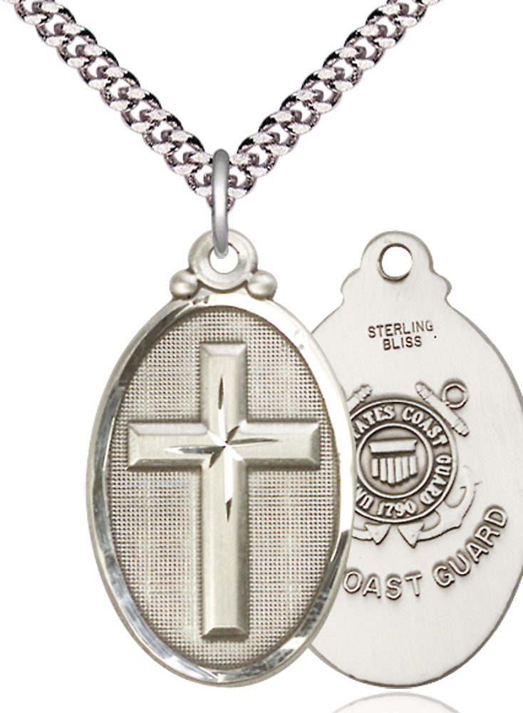 Sterling Silver Cross Coast Guard Pendant on a 24 inch Light Rhodium Heavy Curb chain
