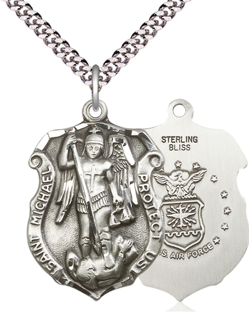 Sterling Silver Saint Michael Air Force Pendant on a 24 inch Light Rhodium Heavy Curb chain