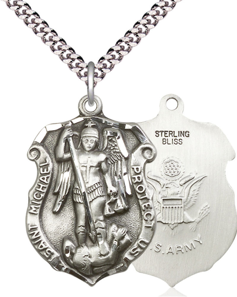 Sterling Silver Saint Michael Army Pendant on a 24 inch Light Rhodium Heavy Curb chain