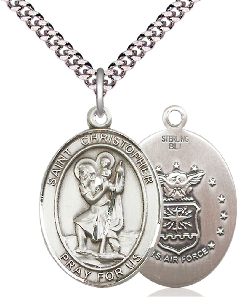 Sterling Silver Saint Christopher Air Force Pendant on a 24 inch Light Rhodium Heavy Curb chain