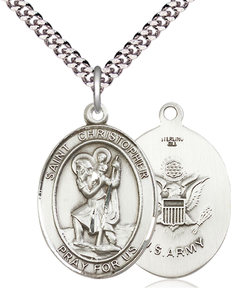 Sterling Silver Saint Christopher Army Pendant on a 24 inch Light Rhodium Heavy Curb chain