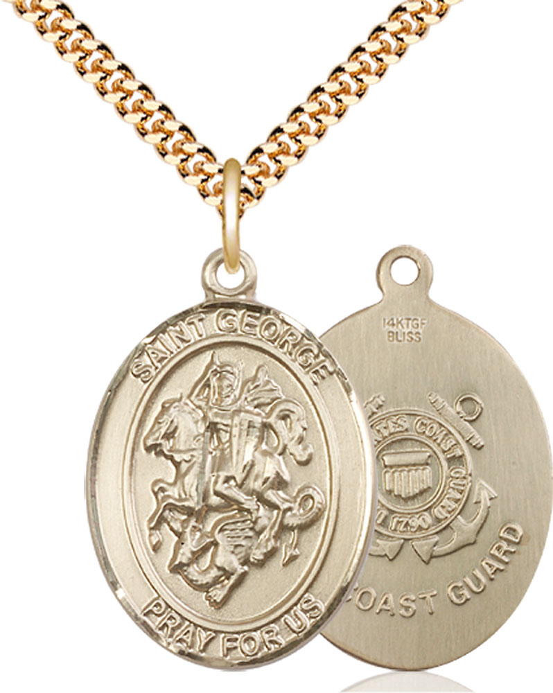 14kt Gold Filled Saint George Coast Guard Pendant on a 24 inch Gold Plate Heavy Curb chain