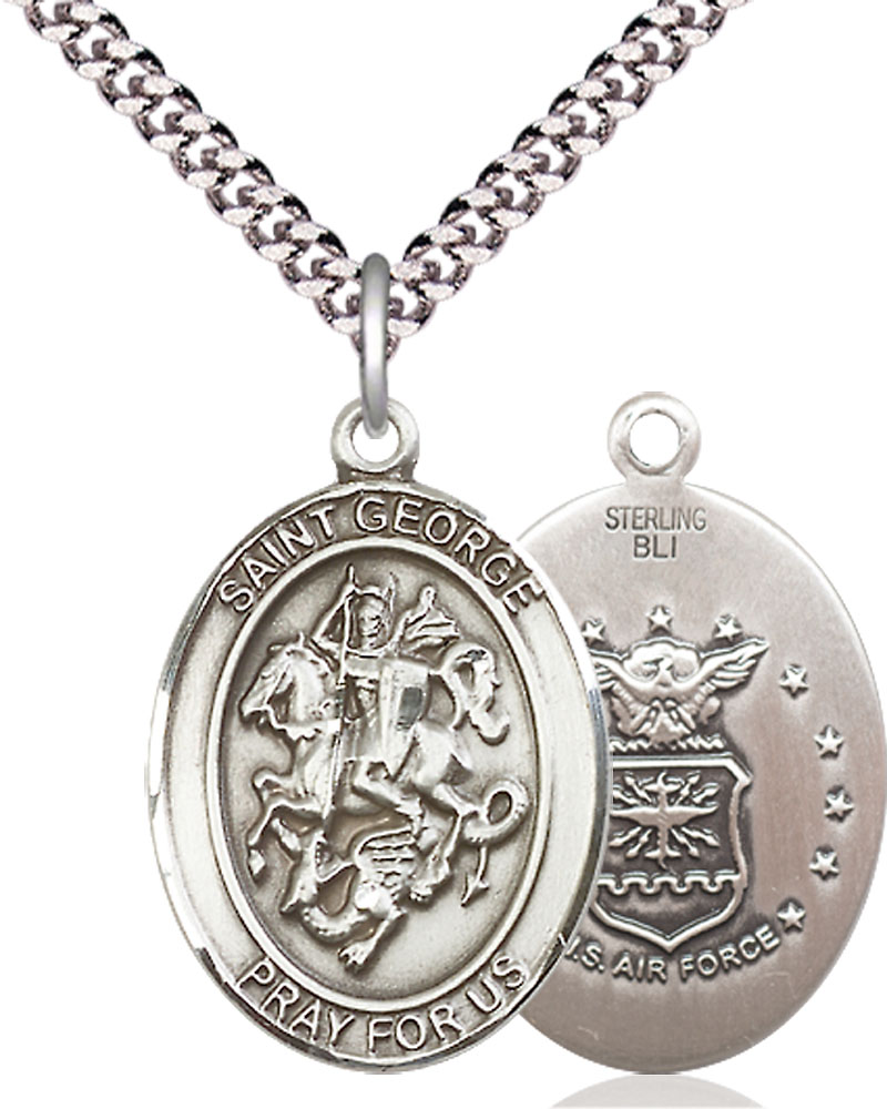 Sterling Silver Saint George Air Force Pendant on a 24 inch Light Rhodium Heavy Curb chain