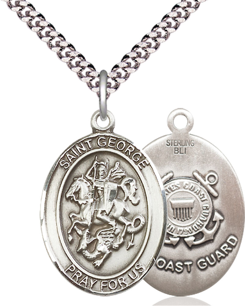 Sterling Silver Saint George Coast Guard Pendant on a 24 inch Light Rhodium Heavy Curb chain