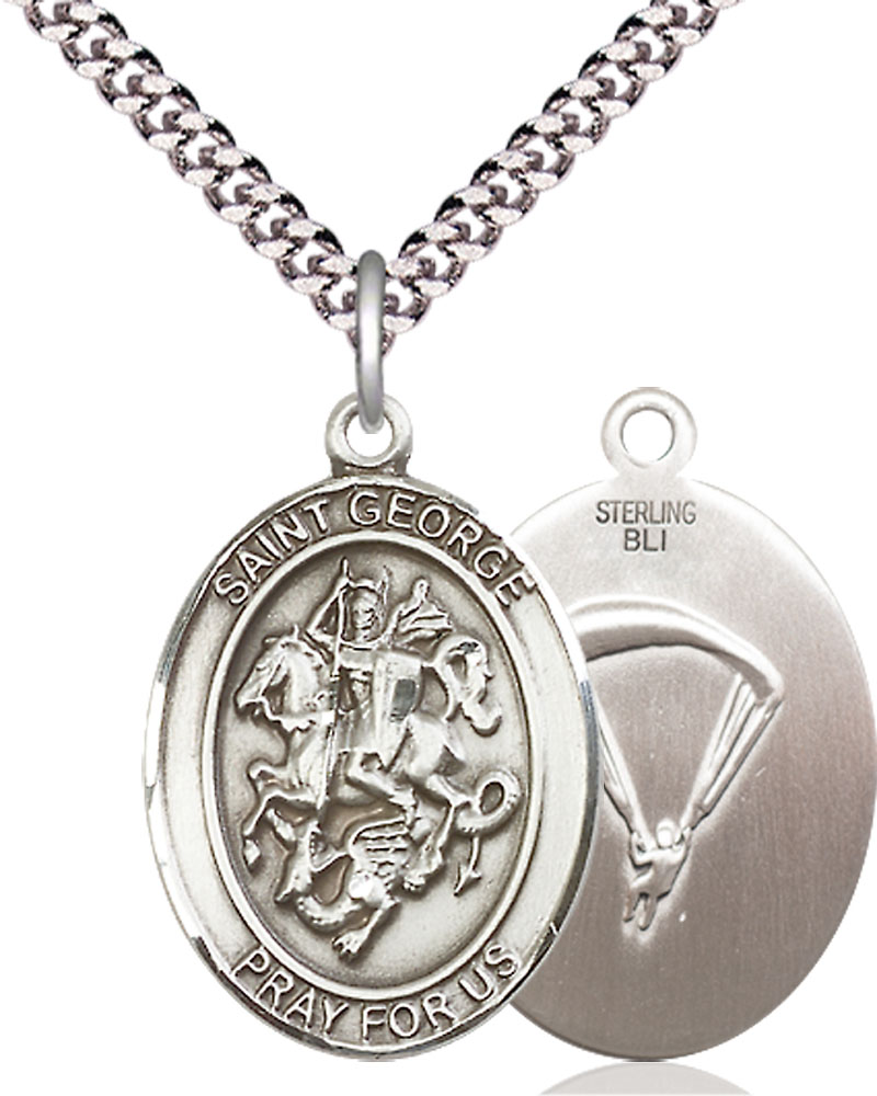 Sterling Silver Saint George Paratrooper Pendant on a 24 inch Light Rhodium Heavy Curb chain