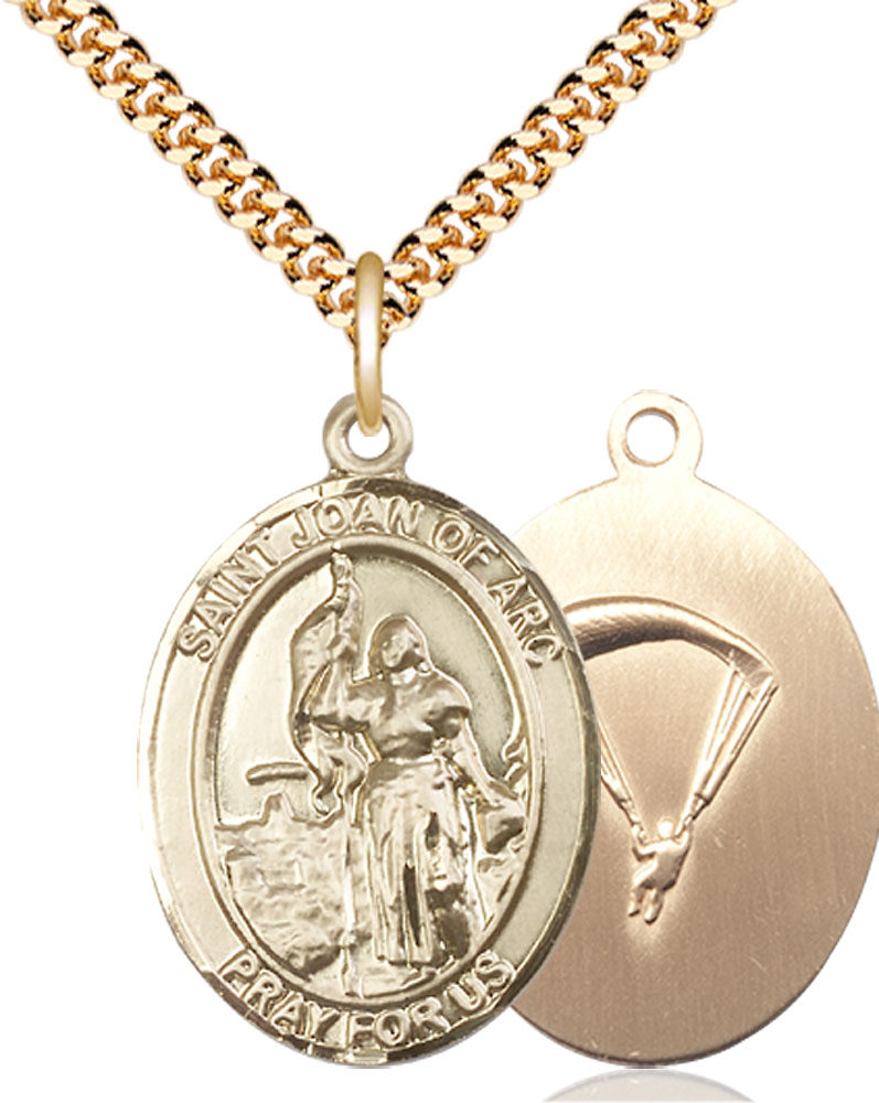 14kt Gold Filled Saint Joan of Arc Paratrooper Pendant on a 24 inch Gold Plate Heavy Curb chain