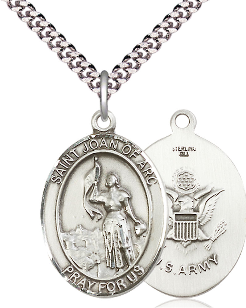 Sterling Silver Saint Joan of Arc Army Pendant on a 24 inch Light Rhodium Heavy Curb chain