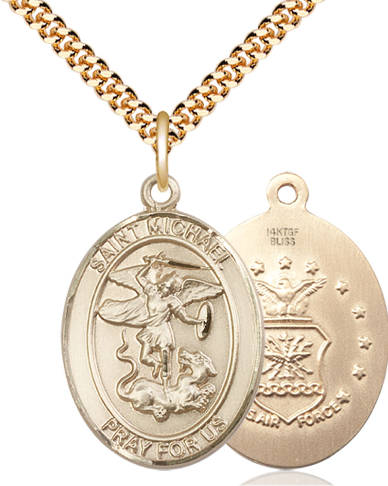 14kt Gold Filled Saint Michael Air Force Pendant on a 24 inch Gold Plate Heavy Curb chain