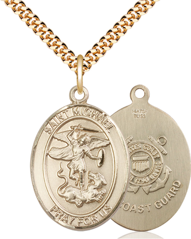 14kt Gold Filled Saint Michael Coast Guard Pendant on a 24 inch Gold Plate Heavy Curb chain