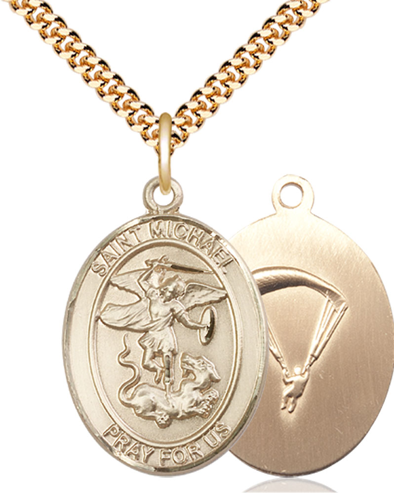 14kt Gold Filled Saint Michael Paratrooper Pendant on a 24 inch Gold Plate Heavy Curb chain