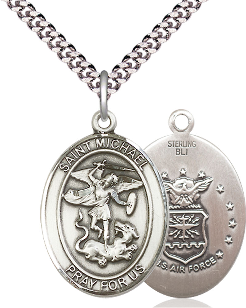 Sterling Silver Saint Michael Air Force Pendant on a 24 inch Light Rhodium Heavy Curb chain