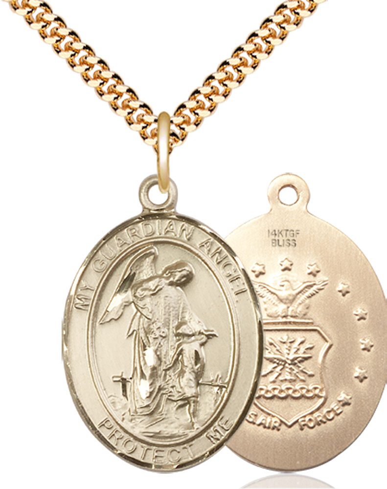 14kt Gold Filled Guardian Angel Air Force Pendant on a 24 inch Gold Plate Heavy Curb chain