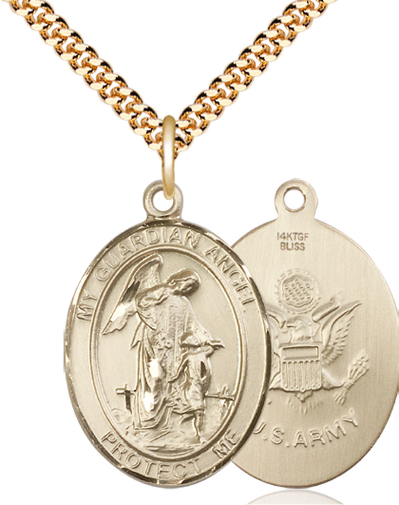 14kt Gold Filled Guardian Angel Army Pendant on a 24 inch Gold Plate Heavy Curb chain