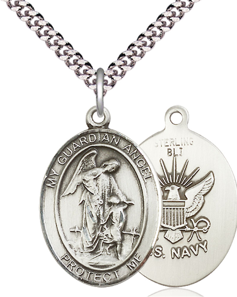 Sterling Silver Guardian Angel Navy Pendant on a 24 inch Light Rhodium Heavy Curb chain