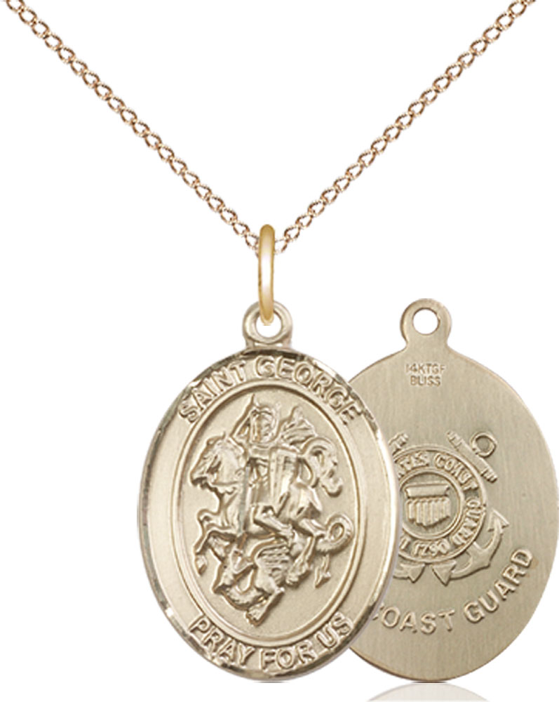 14kt Gold Filled Saint George Coast Guard Pendant on a 18 inch Gold Filled Light Curb chain