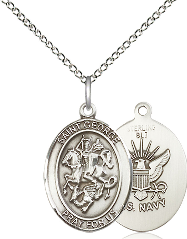 Sterling Silver Saint George Navy Pendant on a 18 inch Sterling Silver Light Curb chain