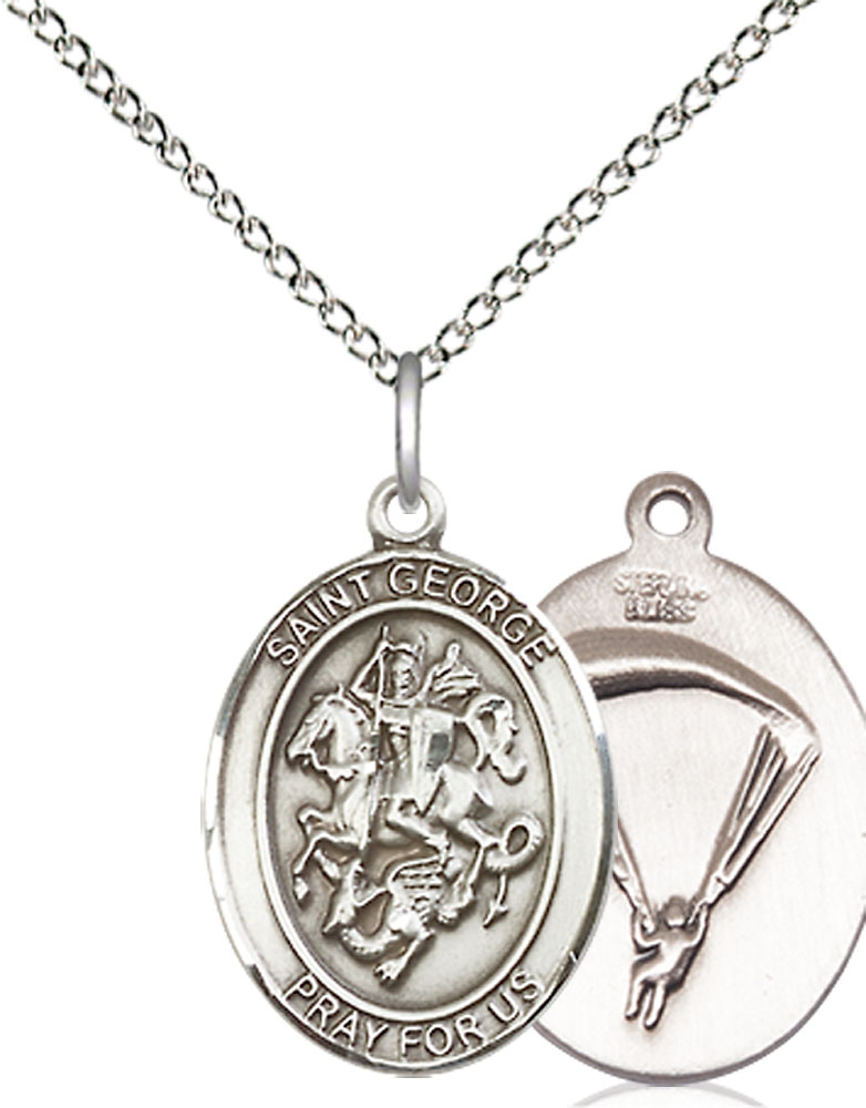 Sterling Silver Saint George Paratrooper Pendant on a 18 inch Sterling Silver Light Curb chain