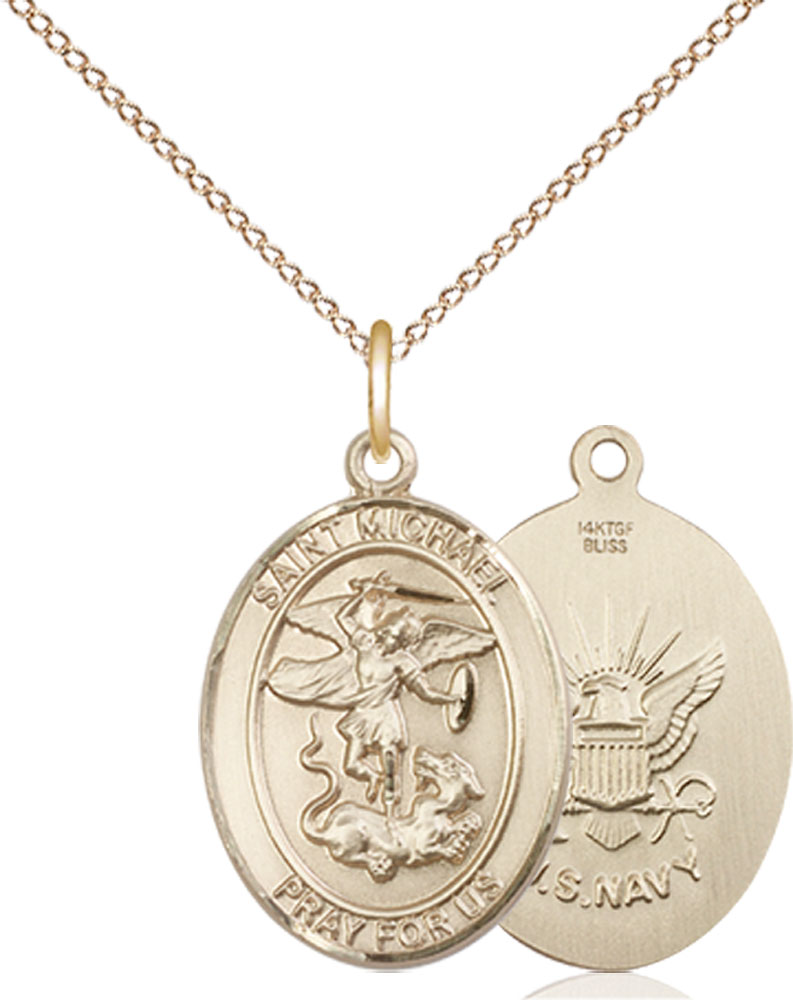 14kt Gold Filled Saint Michael Navy Pendant on a 18 inch Gold Filled Light Curb chain