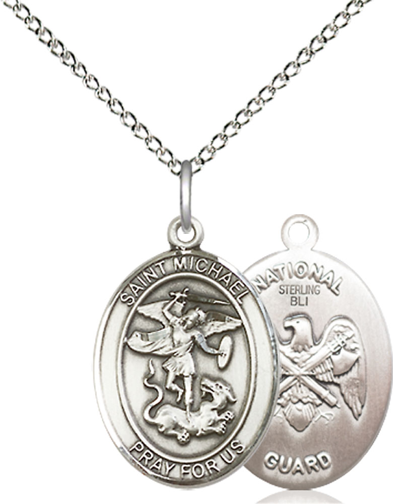 Sterling Silver Saint Michael National Guard Pendant on a 18 inch Sterling Silver Light Curb chain