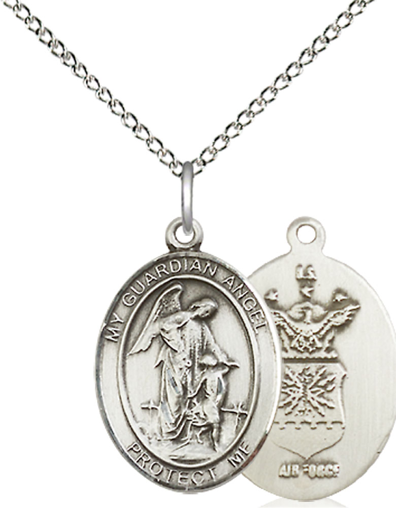 Sterling Silver Guardian Angel Air Force Pendant on a 18 inch Sterling Silver Light Curb chain