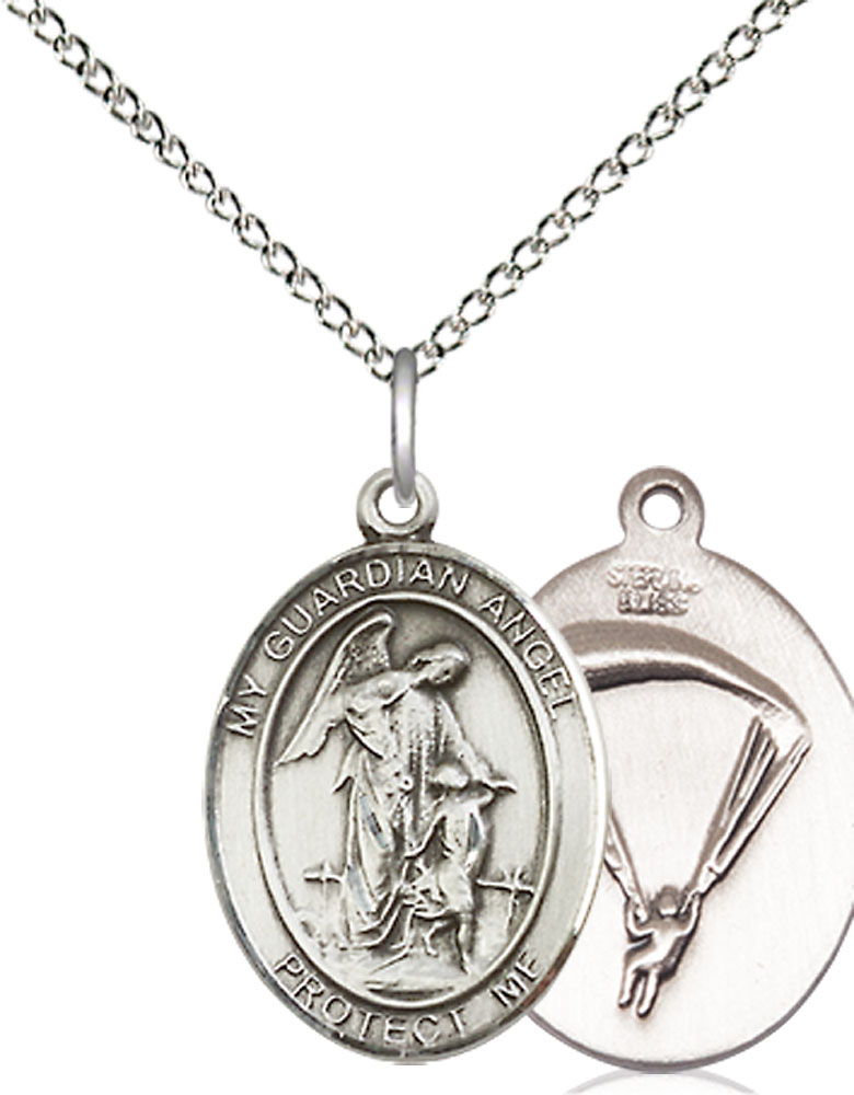 Sterling Silver Guardian Angel Paratrooper Pendant on a 18 inch Sterling Silver Light Curb chain