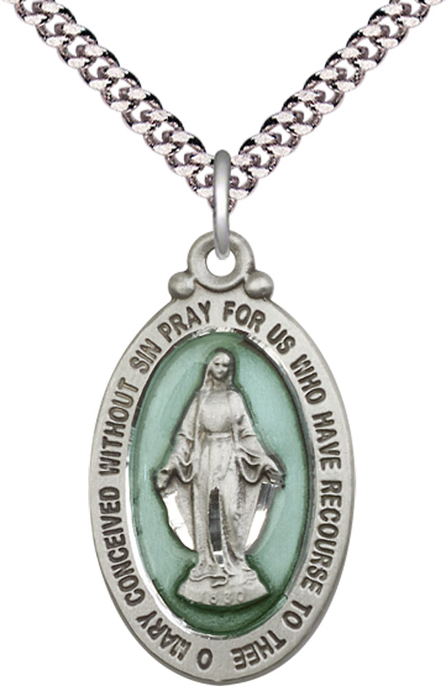 Sterling Silver Miraculous Pendant on a 24 inch Light Rhodium Heavy Curb chain