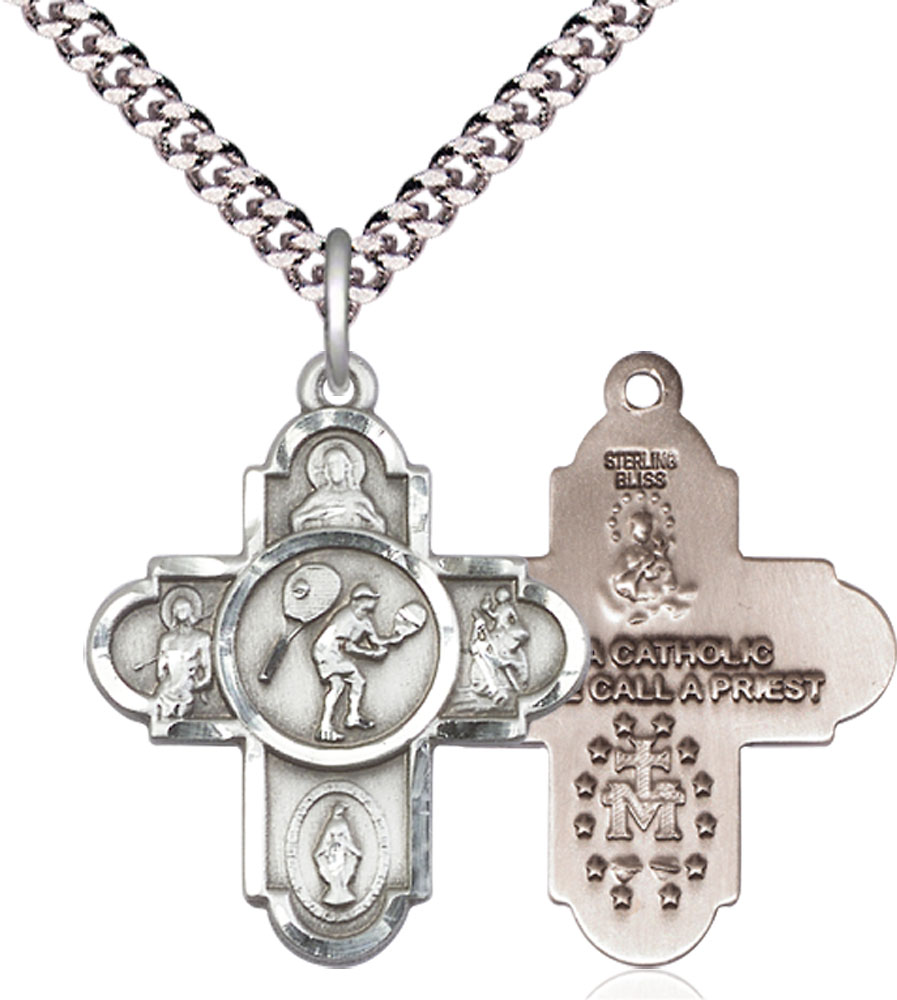 Sterling Silver 5-Way Tennis Pendant on a 24 inch Light Rhodium Heavy Curb chain