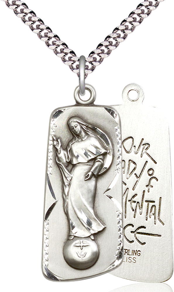 Sterling Silver Our Lady of Mental Peace Pendant on a 24 inch Light Rhodium Heavy Curb chain