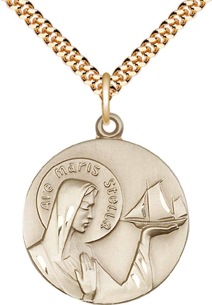 14kt Gold Filled Our Lady Star of the Sea Pendant on a 24 inch Gold Plate Heavy Curb chain