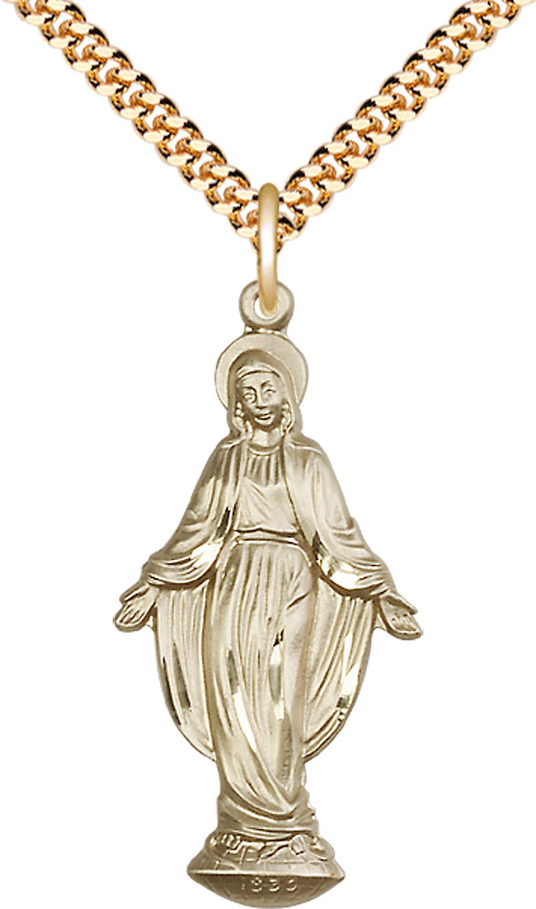 14kt Gold Filled Miraculous Pendant on a 24 inch Gold Plate Heavy Curb chain