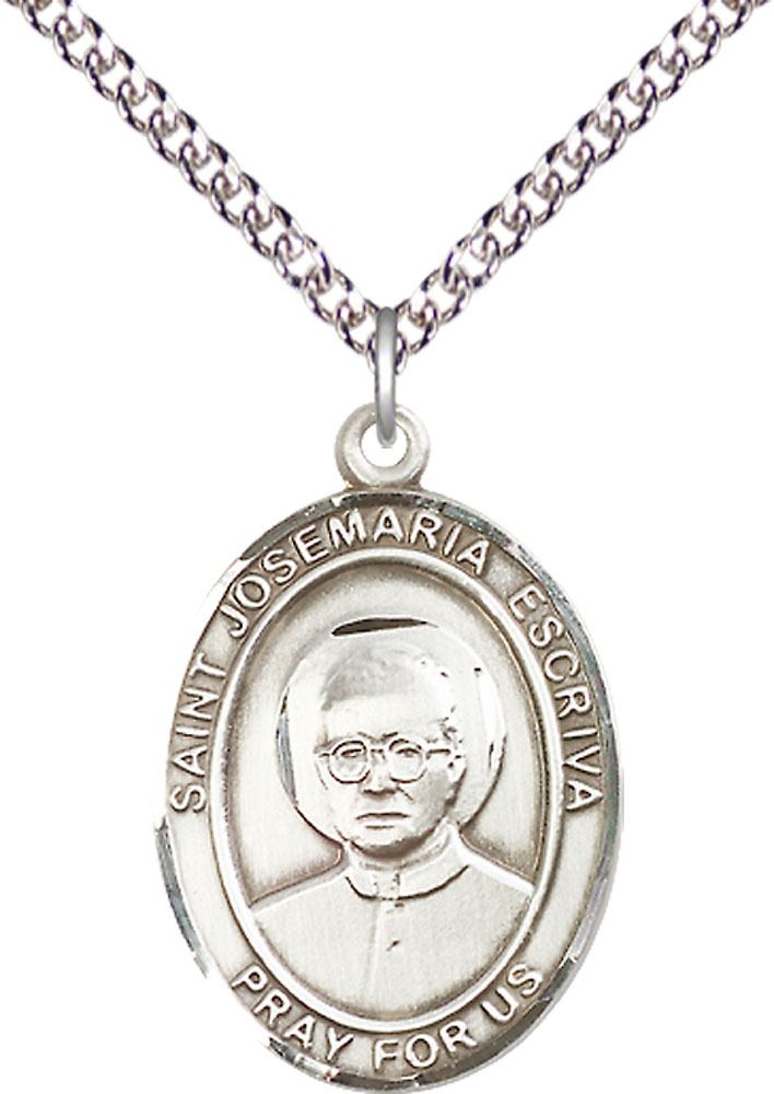Sterling Silver Saint Josemaria Escriva Pendant on a 24 inch Sterling Silver Heavy Curb chain