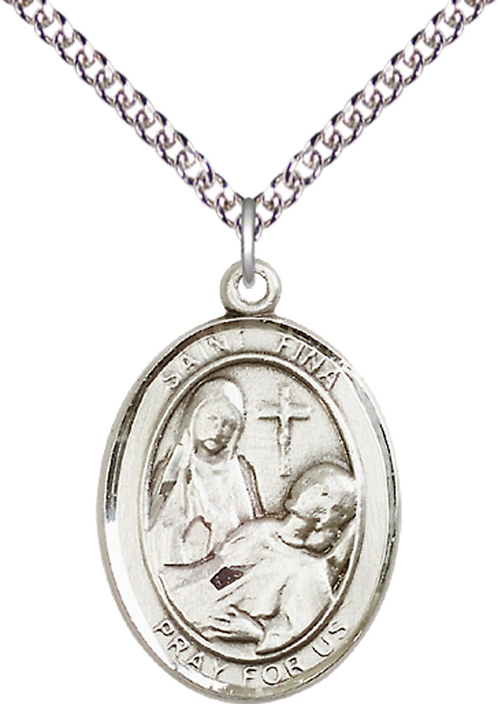Sterling Silver Saint Fina Pendant on a 24 inch Sterling Silver Heavy Curb chain