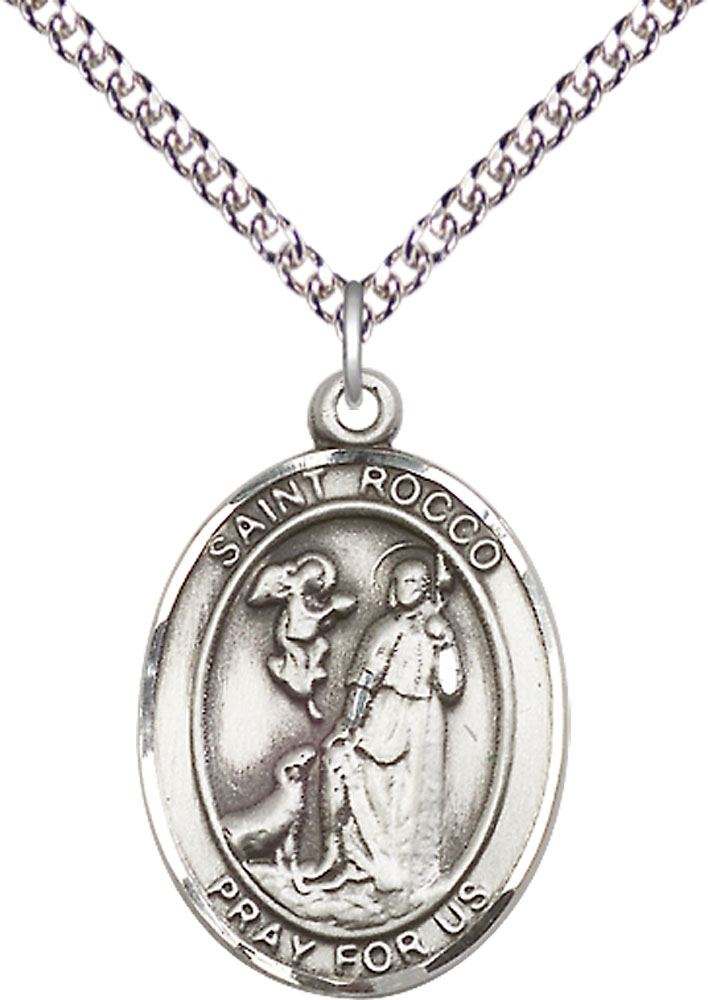 Sterling Silver Saint Rocco Pendant on a 24 inch Sterling Silver Heavy Curb chain