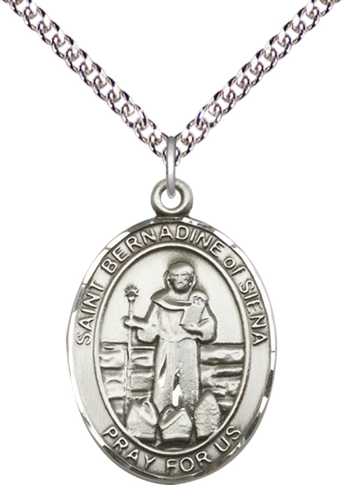 Sterling Silver Saint Bernadine of Sienna Pendant on a 24 inch Sterling Silver Heavy Curb chain
