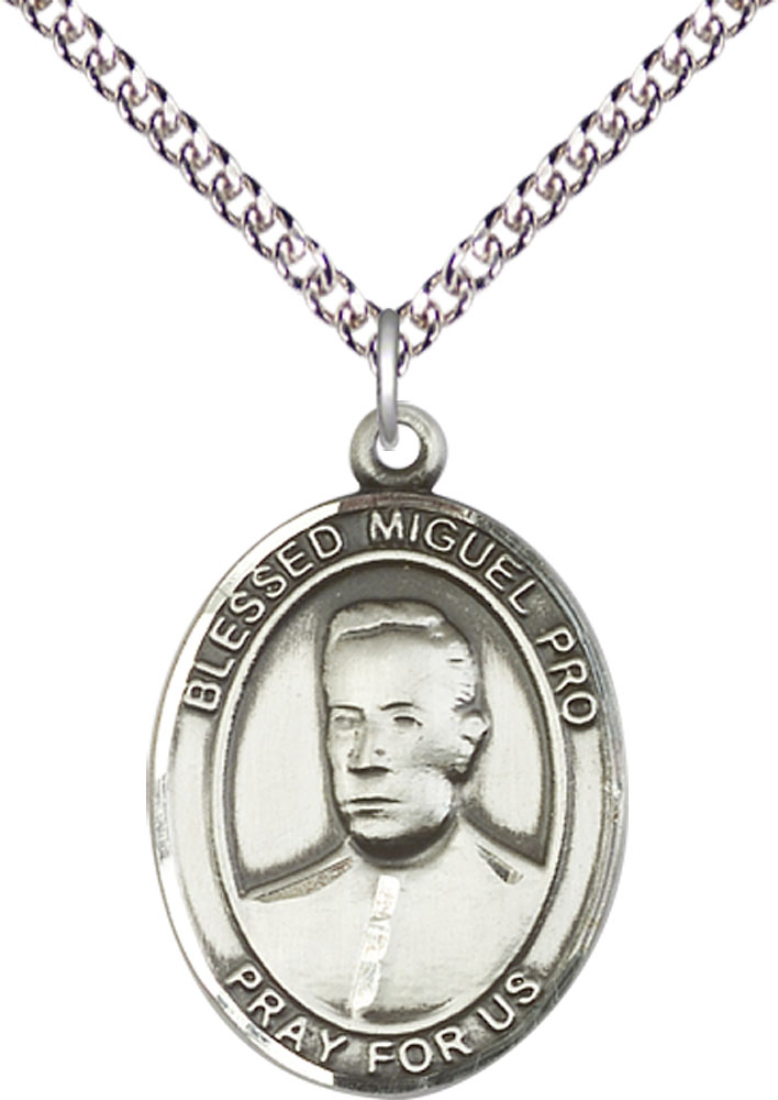 Sterling Silver Blessed Miguel Pro Pendant on a 24 inch Sterling Silver Heavy Curb chain